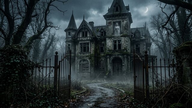 Abandoned Gothic Castle in Dark Foggy Forest with Crescent Moon