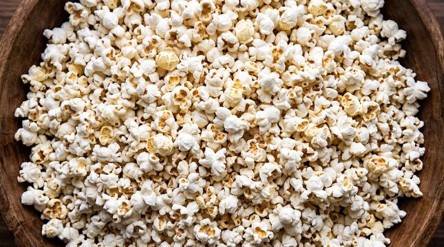 Fresh white popcorn in a rustic wooden bowl overhead view