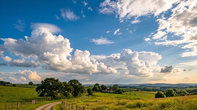 Panoramic summer landscape with fluffy cumulus clouds, rolling green hills and meadows, rural countryside scenery under blue sky