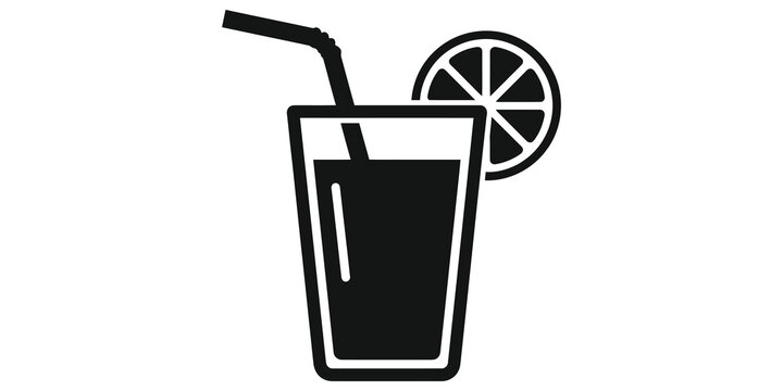 Lemon juice glass outline icon with drinking straw and fruit slice.