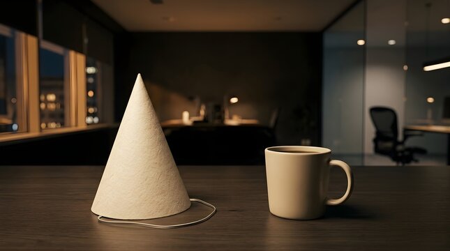 Party hat and coffee mug on a desk in a dark modern office at night