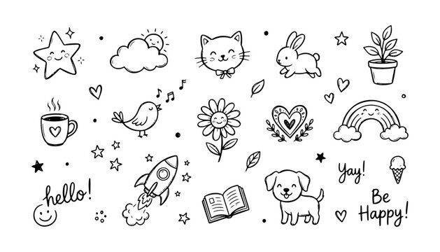 Large Set of Cute Hand Drawn Doodles Featuring Animals, Nature, and Space Icons in Kawaii Line Art Style