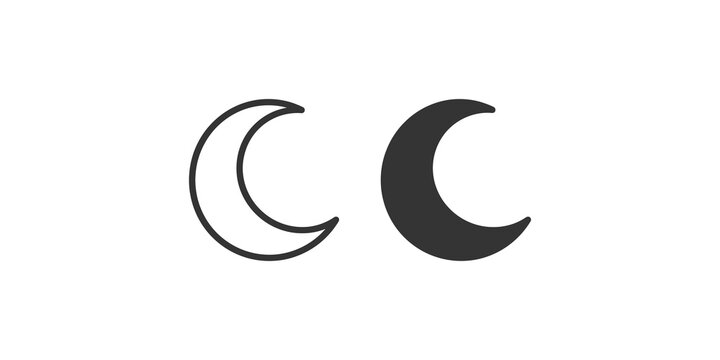 Crescent moon vector symbol in outline and solid dark gray formats.