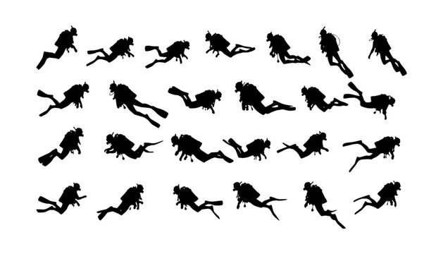 Collection of scuba diver silhouettes in different swimming and diving poses isolated on a white background