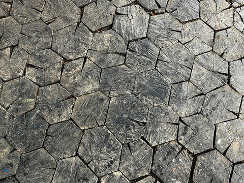 Wooden Tiled Floor of Hexagonal Blocks. Pattern of Natural Textured Background.      