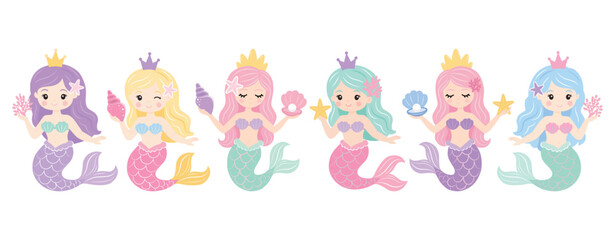 Obraz premium Cute mermaid princess illustration set featuring six colorful cartoon characters with crowns, seashells, starfish, coral and flowing tails, isolated on a white background for kids’ designs. and crafts