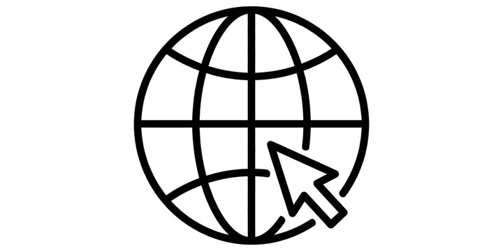 Black outline globe icon with click arrow cursor.