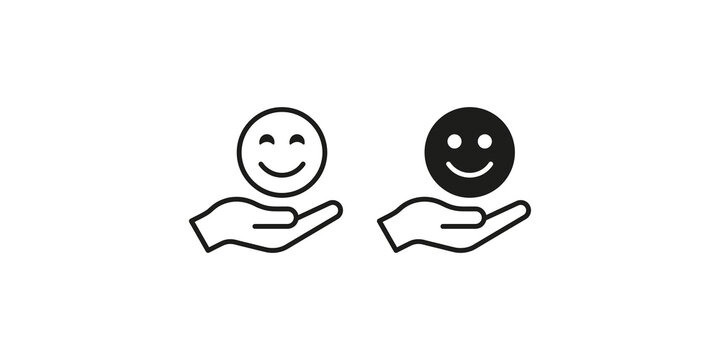 Black and white hand holding happy face line art and solid icons vector illustration.