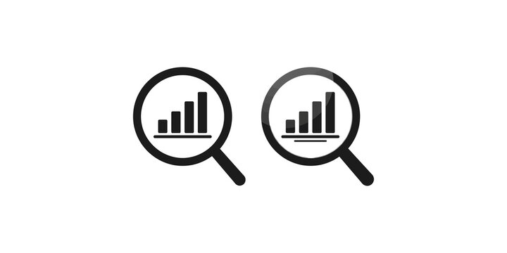 Magnifying glass analyzing bar chart icon for financial data tracking.