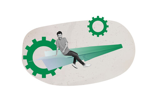 Photo collage template trend artwork composite of young man sit paper plane message flt cogwheel vacancy workspace entrepreneur business