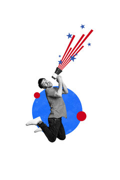 Composite collage image of&nbsp;jump funny man toa news national independence america day fourth july concept&nbsp;weird bizarre unusual fantasy