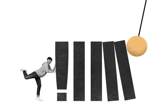 Composite collage image of&nbsp;little man push hold domino wrecking ball building&nbsp;fantasy billboard comics zine