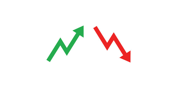 Green rising and red falling stock market trend arrows indicating financial growth and loss.