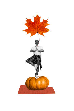 Vertical photo collage of happy man stand pumpkin thanksgiving day holiday autumn fall season maple leaf isolated on painted background