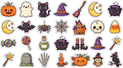 Fototapeta premium Colorful halloween themed illustrations and icons including ghosts pumpkins and witch hats