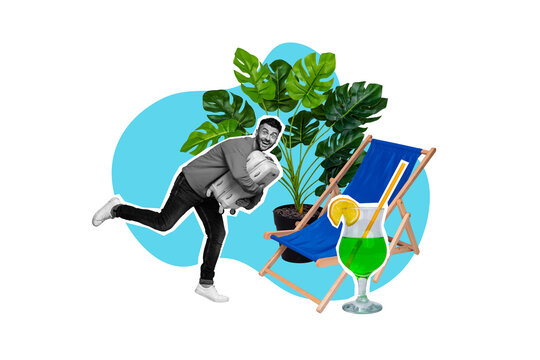 Collage young happy man vacation resort mojito cocktail drink joyful weekend relaxation carry luggage houseplant drawing background
