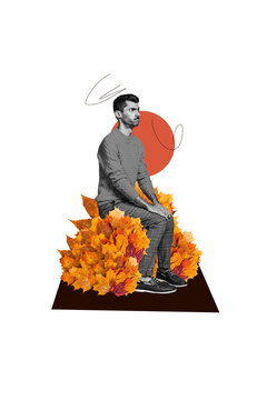 Vertical photo collage of upset man sit pile dry maple leaves autumn fall season atmosphere decor melancholy isolated on painted background