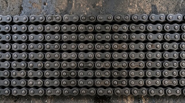 Industrial metal roller chains arranged in parallel rows