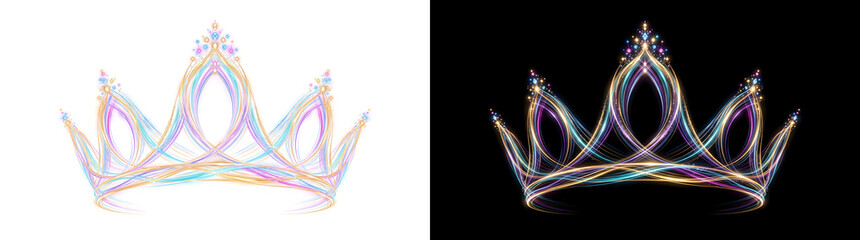 Royal crown glows with intertwined neon light lines and sparkling gems for fantasy design projects in PNG, Transparent and Black Background Versions © Crafter