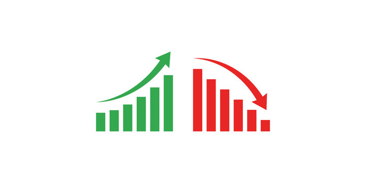 Bar chart showing financial growth and decline with arrows indicating trends.