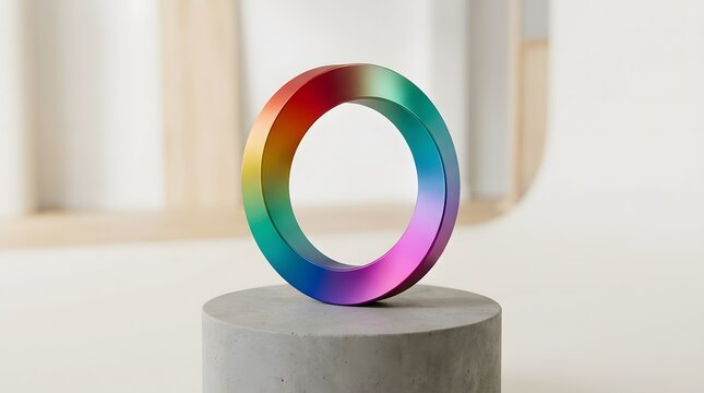 Colorful M?bius strip sculpture resting on a circular gray pedestal in a modern minimalist setting.