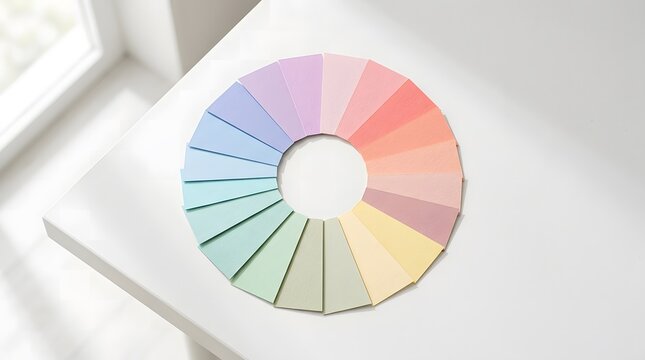 A circular pastel color palette wheel displayed on a white surface with soft natural lighting.