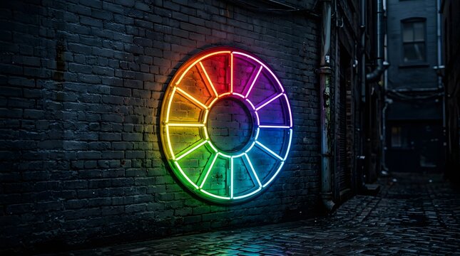 Neon color wheel glowing on a dark brick alley wall.