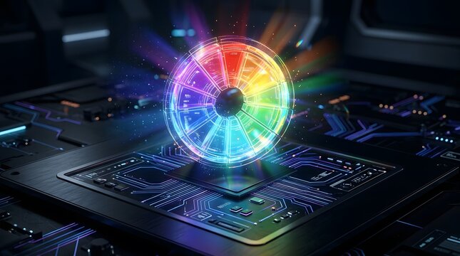 Futuristic glowing computer fan on circuit board with rainbow lighting.