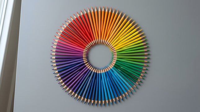 A colorful circular arrangement of colored pencils forming a rainbow spectrum on a wall.