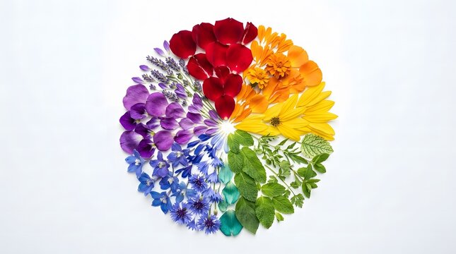 Vibrant color wheel made from various fresh natural flowers and green leaves.