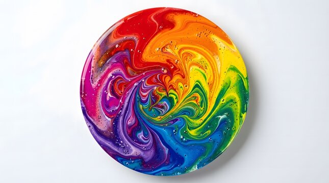 Vibrant acrylic pour painting in rainbow colors on a circular canvas.