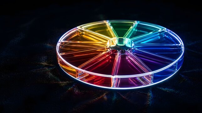 A neon-lit circular color wheel divided into multi-colored segments on a dark surface.