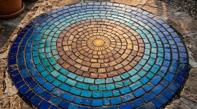 Circular mosaic pattern with rainbow colored tiles arranged in concentric rings on the ground.