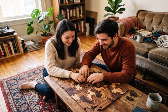 Cinematic documentary photograph of a young couple sitting on the floor together while focused on assembling a handmade wooden jigsaw puzzle