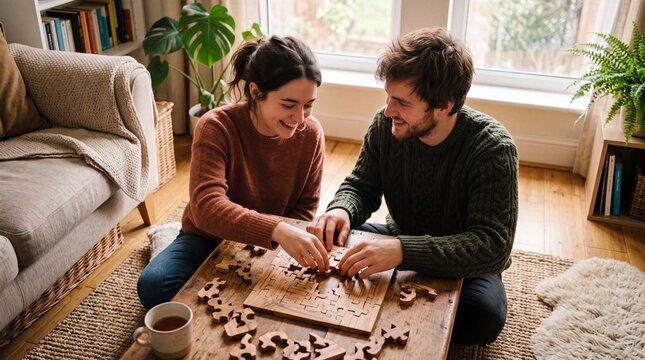 Cheerful young couple engaging in a relaxing pastime together while assembling a wooden puzzle on a cozy floor in a bright home living room interior