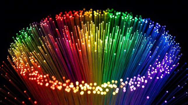 Fiber optic bundle illuminating with vibrant rainbow colors against dark background.