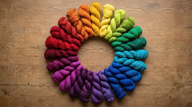 Vibrant rainbow color wheel made of twisted yarn hanks arranged on a rustic wooden background.