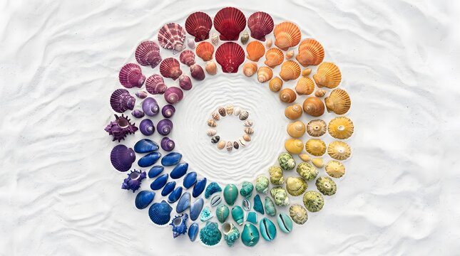 A colorful spectrum of seashells arranged in a circle on a white background.