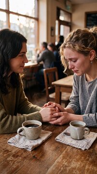 Compassionate friend offering emotional support and comfort to a crying young woman by holding hands together at a cozy rustic cafe table