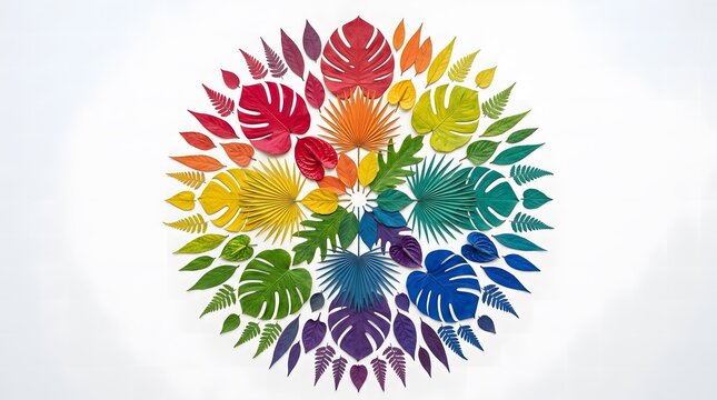 A vibrant mandala of diverse tropical leaves arranged in a circular rainbow color spectrum against a clean white background.