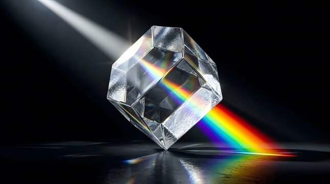 White light refracting into a colorful rainbow spectrum through a clear glass geometric crystal cube.