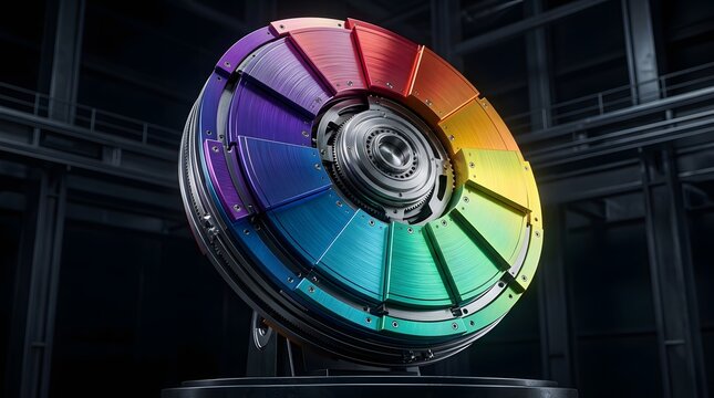 A large, colorful futuristic mechanical wheel with a rainbow gradient stands in a dark industrial factory setting.