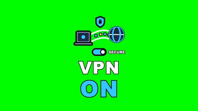 4K green screen VPN ON animated text - packets running the encrypted tunnel to the globe, kinetic typography cyber security overlay for tech content and social media, chroma key