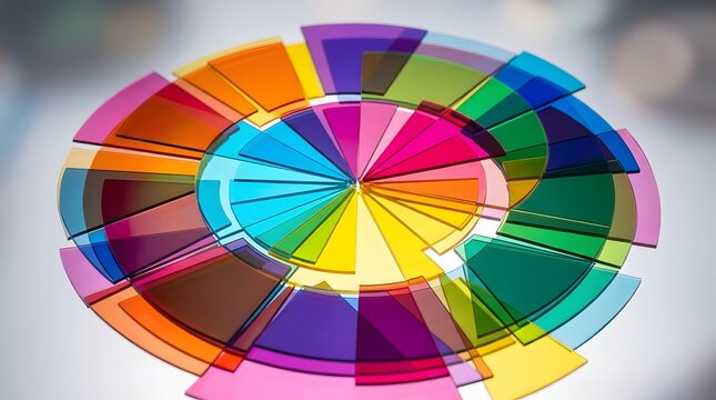Colorful translucent circular geometric pattern art display.