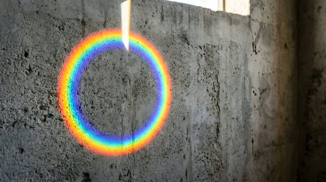 Circular rainbow light projection glowing brightly against a rough gray concrete wall inside an unfinished building room.
