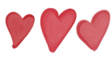 Obraz premium Three red painted heart symbols with painterly brush stroke texture isolated on a plain white background. Ideal for Valentine's Day cards, romantic concepts, and wedding graphic design.