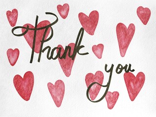 Digital Hand drawn watercolor red hearts on paper texture with calligraphic thank you lettering. Ideal for greeting cards, wedding notes, and romantic thank you messages. © susi
