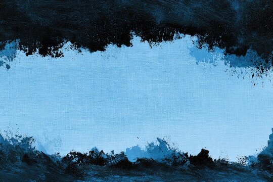 Textured light blue background framed by dark, abstract brushstrokes
