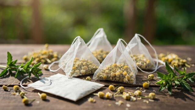 Pyramid chamomile tea bags with dried flowers on a wooden table