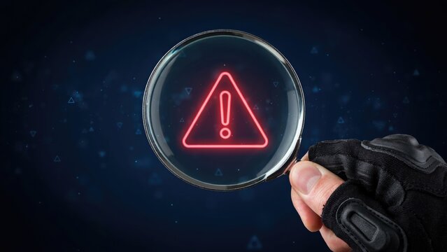 Hand in black tactical glove holding magnifying glass over red warning icon